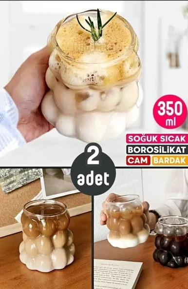 Isıya Dayanıklı Borosilikat Bubble Bardak Dekoratif Sunum  Kahve Kokteyl Bardağı 350 ML - 2