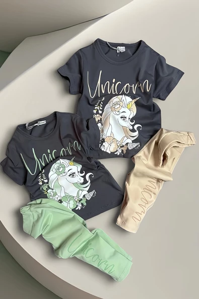 Unicorn Desenli Yeşil Renk Taytlı Takım - 4