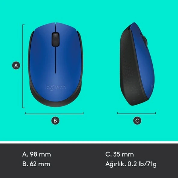 Logitech M171 USB Alıcılı Kablosuz Kompakt Mouse - Mavi - 9