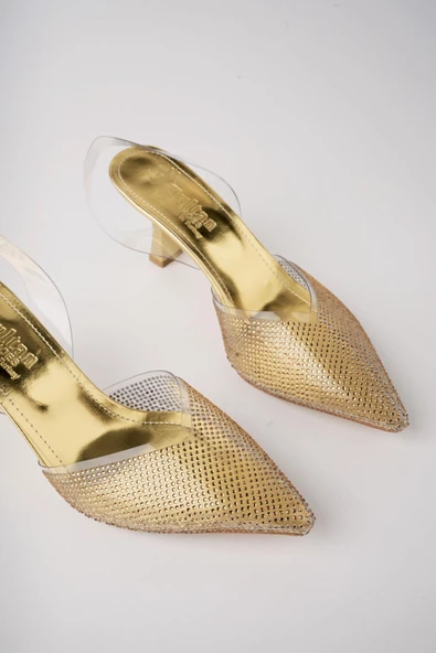 Muggo JULİET Garantili Kadın Sivri Burun Parlak Taşlı Arkası Açık Şeffaf Bantlı Topuklu Ayakkabı - 8