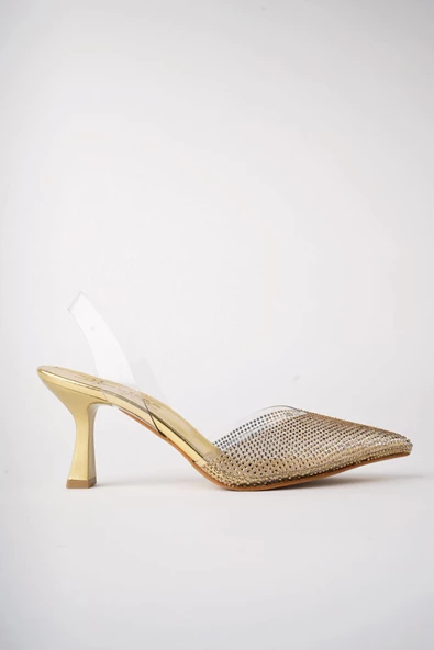 Muggo JULİET Garantili Kadın Sivri Burun Parlak Taşlı Arkası Açık Şeffaf Bantlı Topuklu Ayakkabı - 7