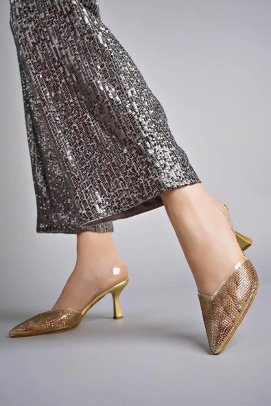 Muggo JULİET Garantili Kadın Sivri Burun Parlak Taşlı Arkası Açık Şeffaf Bantlı Topuklu Ayakkabı - 6