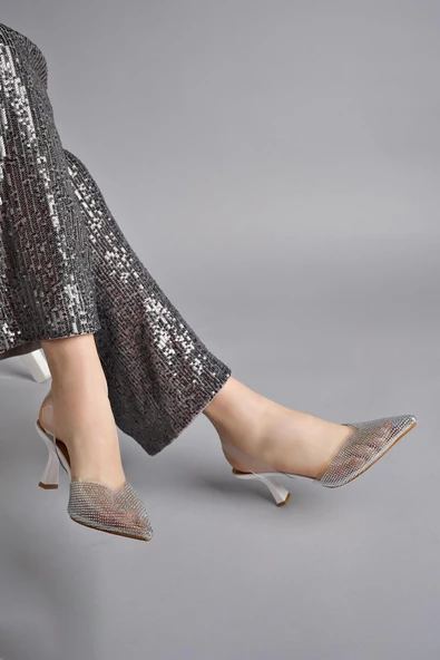 Muggo JULİET Garantili Kadın Sivri Burun Parlak Taşlı Arkası Açık Şeffaf Bantlı Topuklu Ayakkabı - 11