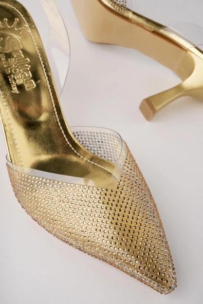 Muggo JULİET Garantili Kadın Sivri Burun Parlak Taşlı Arkası Açık Şeffaf Bantlı Topuklu Ayakkabı - 2