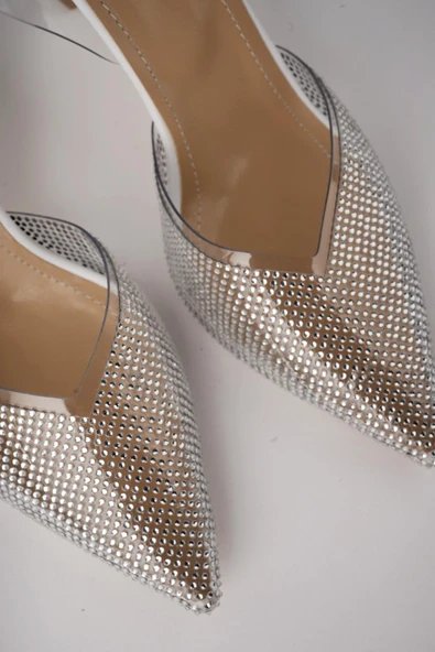 Muggo JULİET Garantili Kadın Sivri Burun Parlak Taşlı Arkası Açık Şeffaf Bantlı Topuklu Ayakkabı - 10