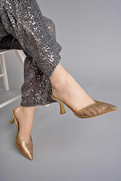 Muggo JULİET Garantili Kadın Sivri Burun Parlak Taşlı Arkası Açık Şeffaf Bantlı Topuklu Ayakkabı - 5