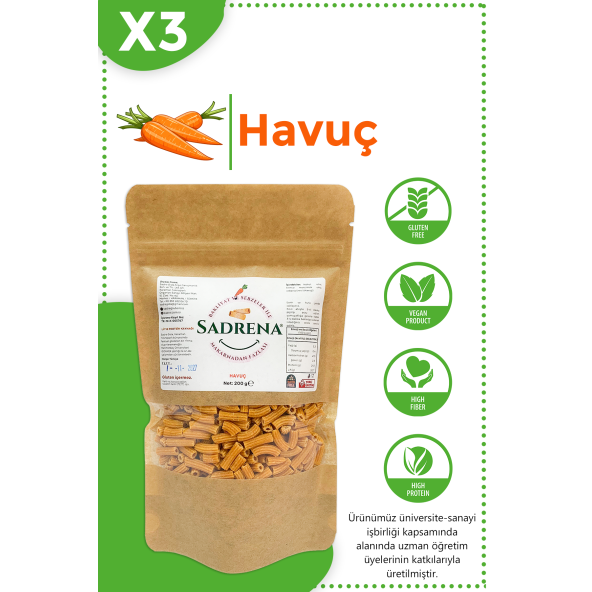 SADRENA Glutensiz & Vegan Yüksek Protein ve Lif İçeren Havuçlu Makarna 200gr.Avantajlı 3'lü Paket.