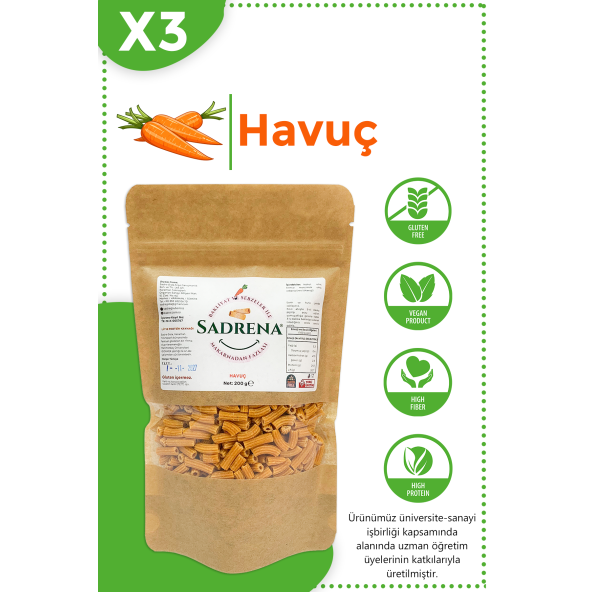 Glutensiz & Vegan Yüksek Protein ve Lif İçeren Havuçlu Makarna 200gr.Avantajlı 3'lü Paket.