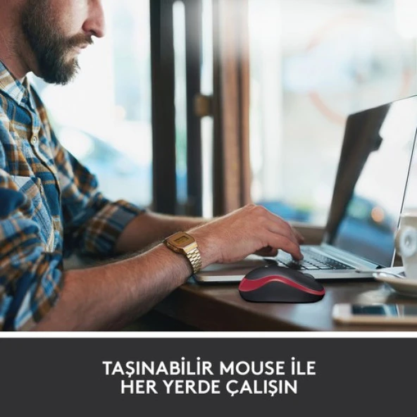 Logitech M185 USB Alıcılı Kompakt Kablosuz Mouse - Kırmızı - Resim 3