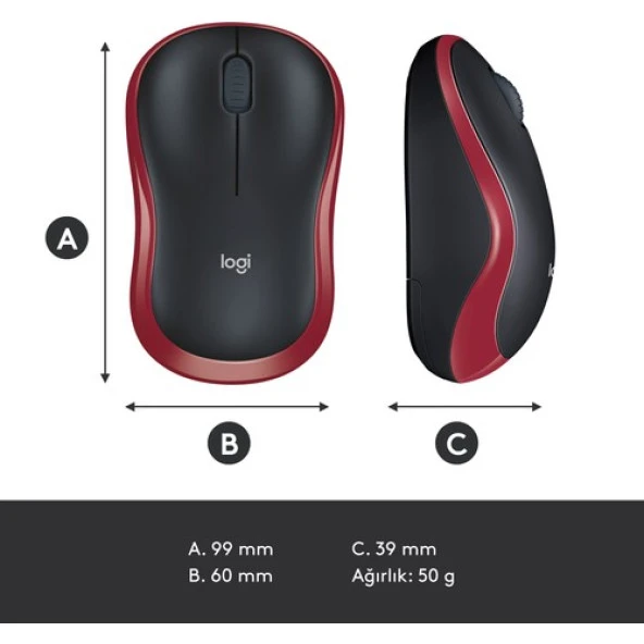 Logitech M185 USB Alıcılı Kompakt Kablosuz Mouse - Kırmızı - Resim 9