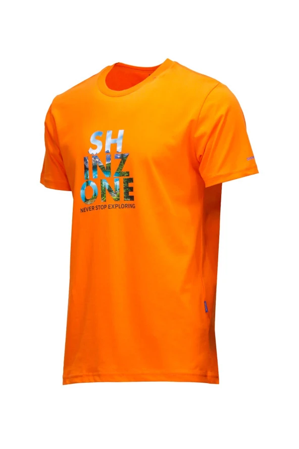 Erkek Bisiklet Yaka Standart Fit Göğüs Baskılı Turuncu T-Shirt