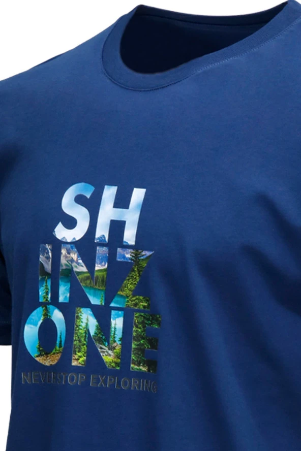 Erkek Bisiklet Yaka Standart Fit Göğüs Baskılı Koyu mavi T-Shirt - 2