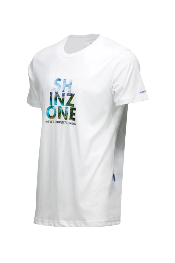 Erkek Bisiklet Yaka Standart Fit Göğüs Baskılı Beyaz T-Shirt
