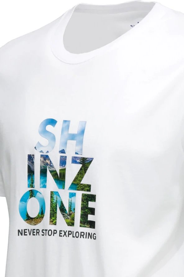 Erkek Bisiklet Yaka Standart Fit Göğüs Baskılı Beyaz T-Shirt - Resim 2