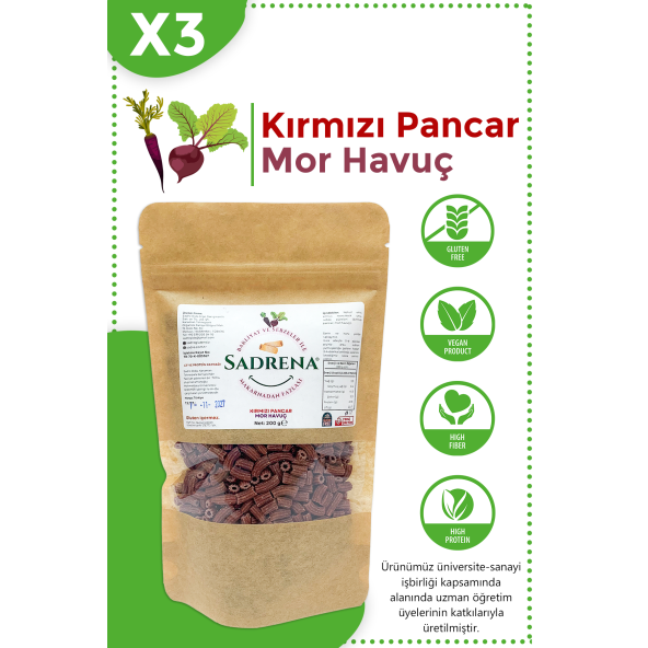 Glutensiz & Vegan Yüksek Protein ve Lif İçeren Kırmızı Pancar & Mor Havuç Makarna 200gr.Avantajlı 3'lü Paket.