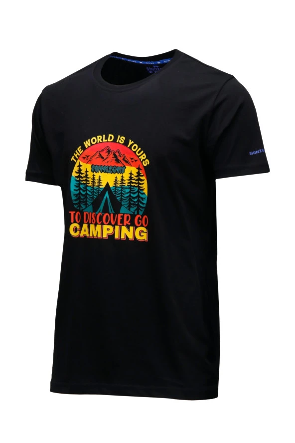 Erkek Bisiklet Yaka Standart Fit Discovery Göğüs Baskılı Siyah T-Shirt ürün görseli 1