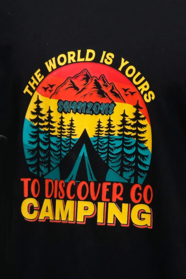 Erkek Bisiklet Yaka Standart Fit Discovery Göğüs Baskılı Siyah T-Shirt - Resim 3