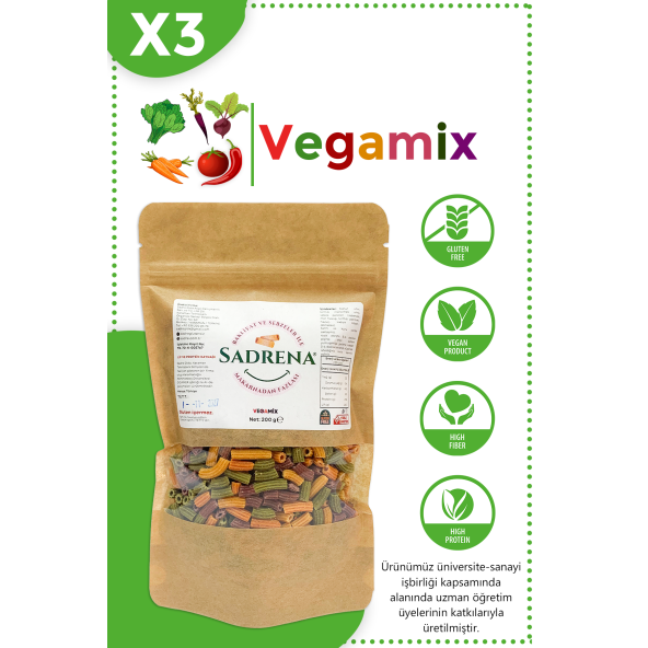 Glutensiz & Vegan Yüksek Protein ve Lif İçeren Vegamix Makarna 200gr.Avantajlı 3'lü Paket.