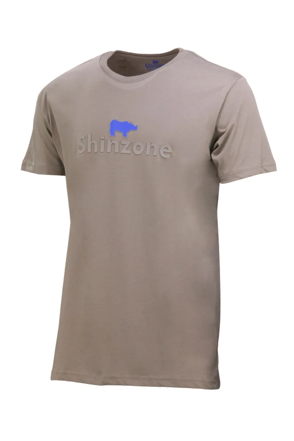 Erkek Bisiklet Yaka Standart Fit Kabartma Göğüs Baskılı Vizon T-Shirt