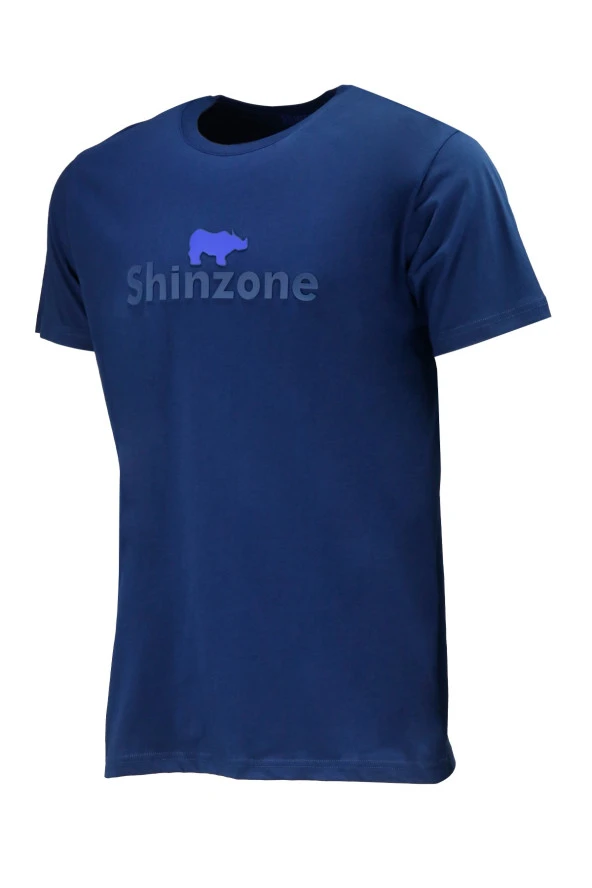 Erkek Bisiklet Yaka Standart Fit Kabartma Göğüs Baskılı İndigo T-Shirt