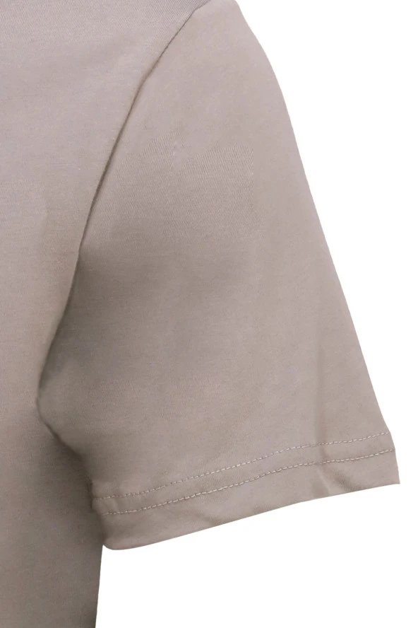 Erkek Bisiklet Yaka Standart Fit Kabartma Göğüs Baskılı Vizon T-Shirt - 3