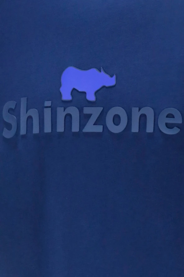 Erkek Bisiklet Yaka Standart Fit Kabartma Göğüs Baskılı İndigo T-Shirt - 4