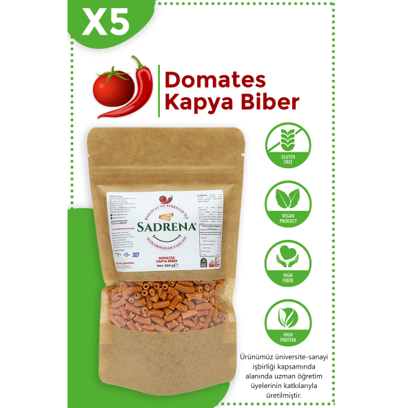 Glutensiz & Vegan Yüksek Protein ve Lif İçeren Domates & Kapya Biber Makarna 200gr.Avantajlı 5'li Paket.