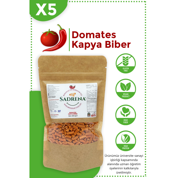 SADRENA Glutensiz & Vegan Yüksek Protein ve Lif İçeren Domates & Kapya Biber Makarna 200gr.Avantajlı 5'li Paket.