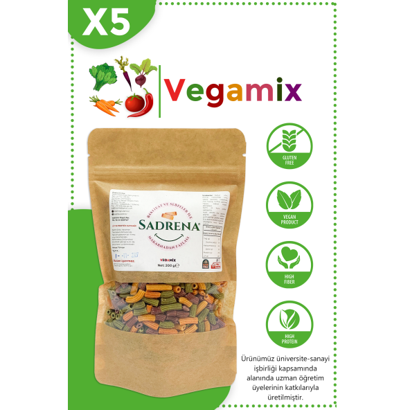 SADRENA Glutensiz & Vegan Yüksek Protein ve Lif İçeren Vegamix Makarna 200gr.Avantajlı 5'li Paket.