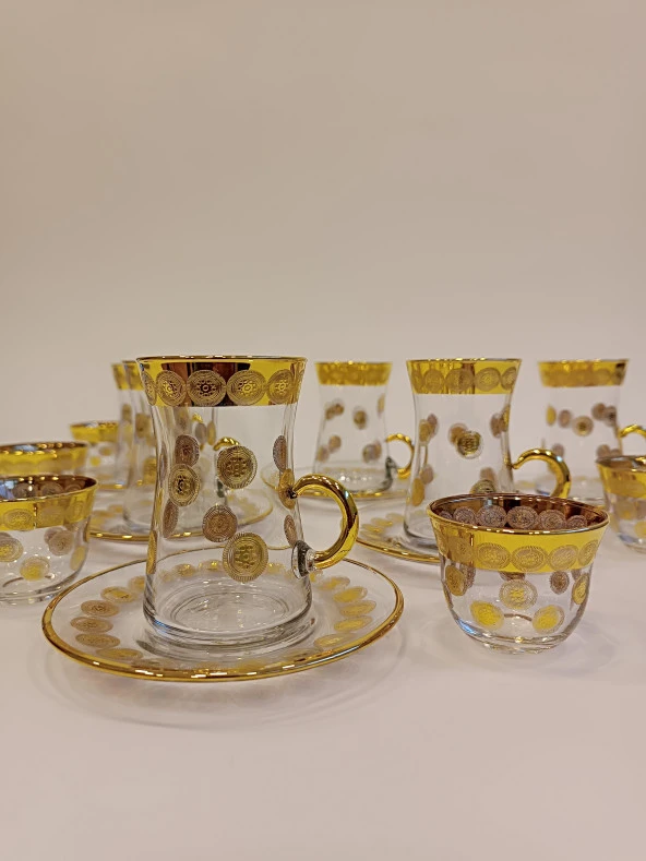 Exclusive Gold Çay Lüks Seti 18 Parça Papara Kulplu Ve Mırra