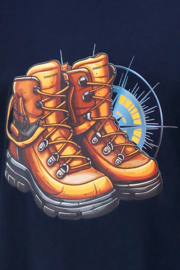 Erkek Bisiklet Yaka Standart Fit Bot Göğüs Baskılı Lacivert T-Shirt - 2