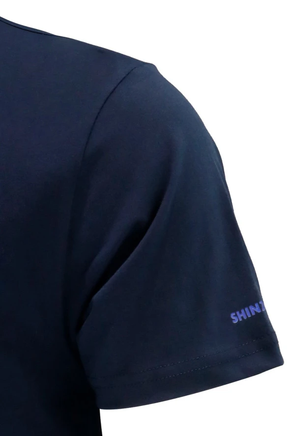 Erkek Bisiklet Yaka Standart Fit Bot Göğüs Baskılı Lacivert T-Shirt - 3