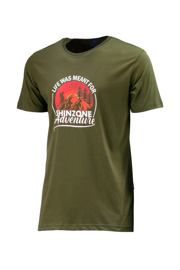 Erkek Bisiklet Yaka Standart Göğüs Baskılı Haki T-Shirt