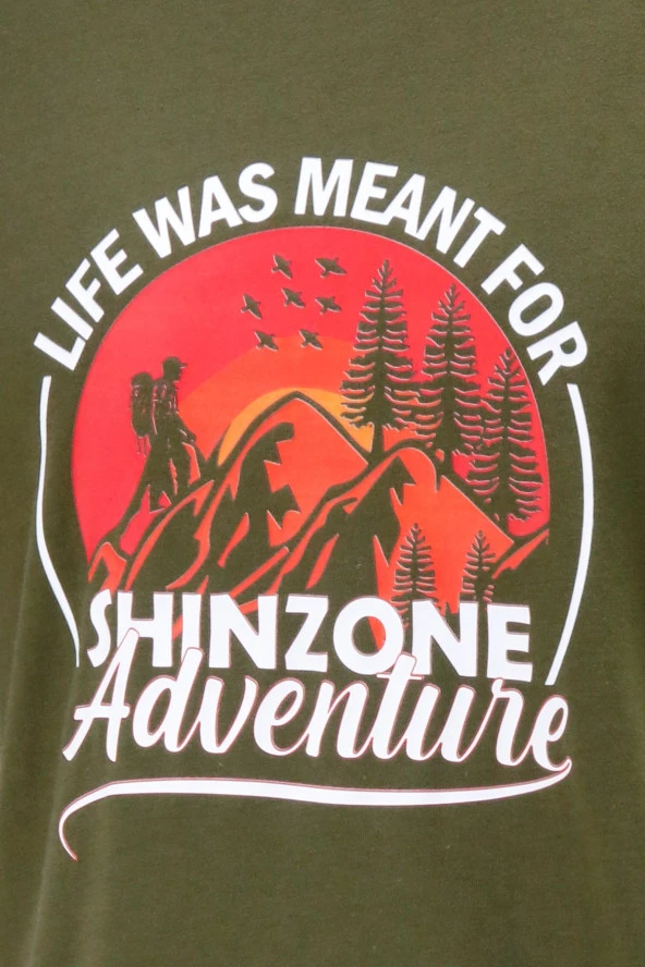 Erkek Bisiklet Yaka Standart Göğüs Baskılı Haki T-Shirt - 2