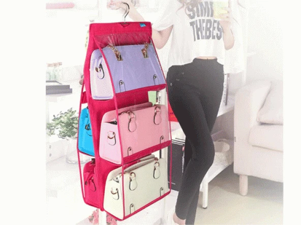 6 Gözlü Pratik Dolap İçi Çanta Askılığı/Organizer (Pembe) - 5