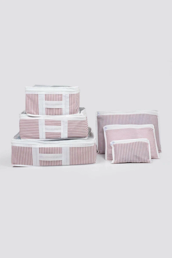 6 Parça Valiz Organizer Seti - Pembe Beyaz Çizgili ürün görseli