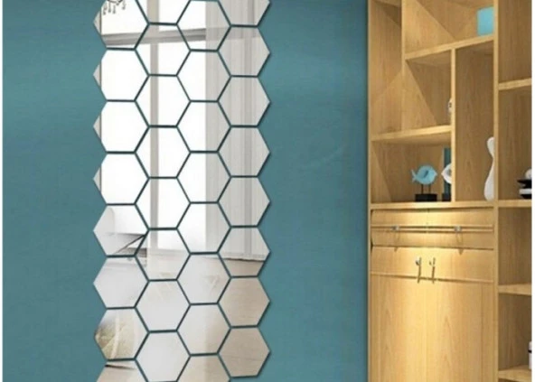 12 Adet Orta Boy Yapışkanlı Dekoratif Akrilik Ayna Altıgen - Resim 2