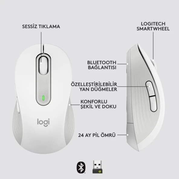 Logitech Signature M650 Küçük ve Orta Boy Sağ El Için Sessiz Kablosuz Mouse - Beyaz - 6