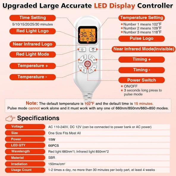 JOBYNA Ayak Bileği için Kızılötesi Işık ve Kırmızı Işık, Ayarlanabilir 850nm Kızılötesi - 4