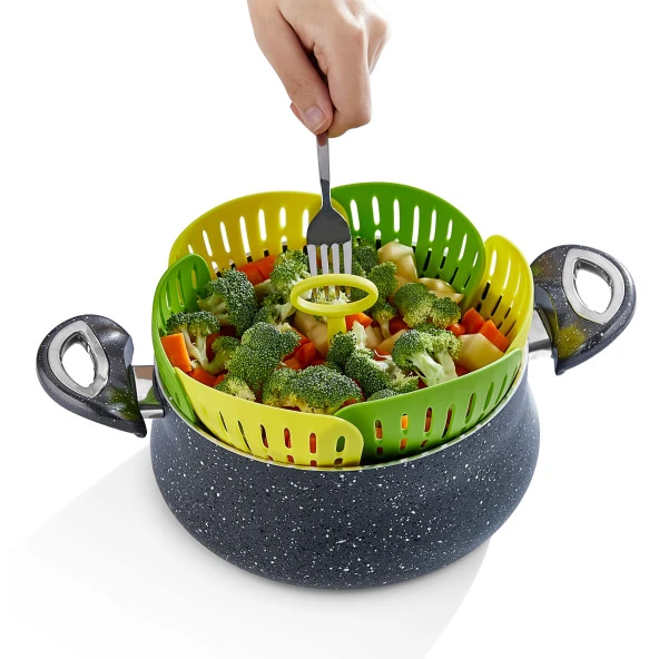 Plastik Katlanır Buharda Pişirme Aparatı Sağlıklı Haşlama Sepeti - Resim 3