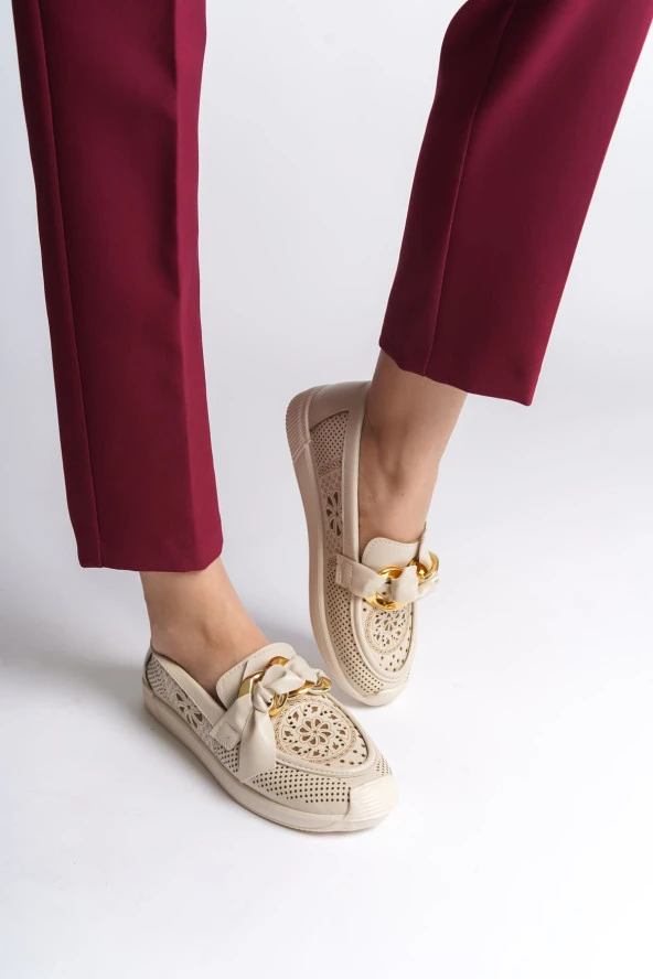 LYDIA Bağcıksız Ortopedik Rahat Taban Çiçek Desenli Babet Ayakkabı KT Krem