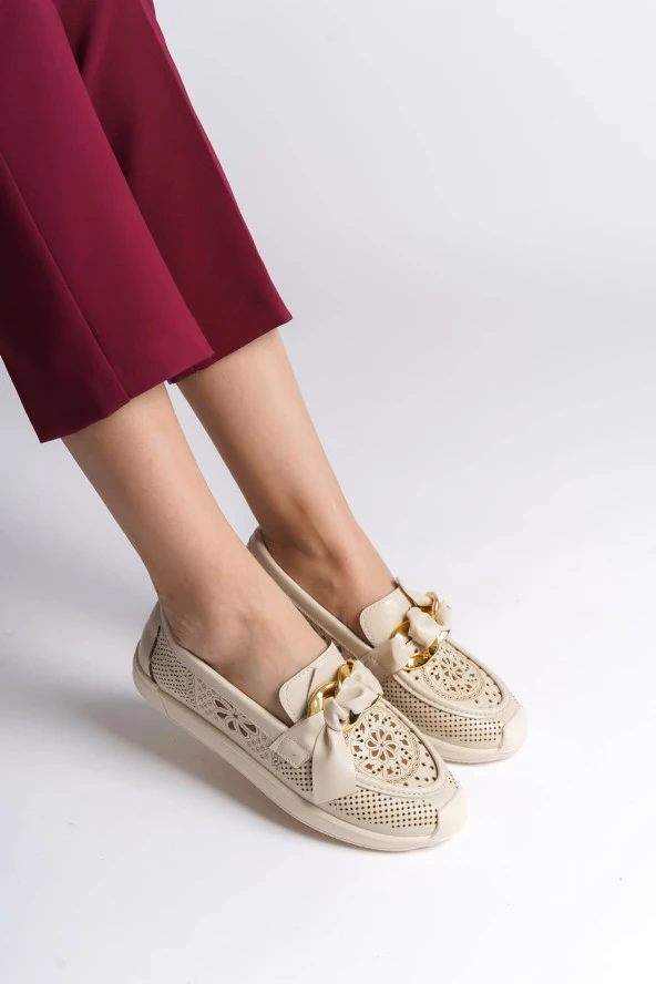 LYDIA Bağcıksız Ortopedik Rahat Taban Çiçek Desenli Babet Ayakkabı KT Krem - 2