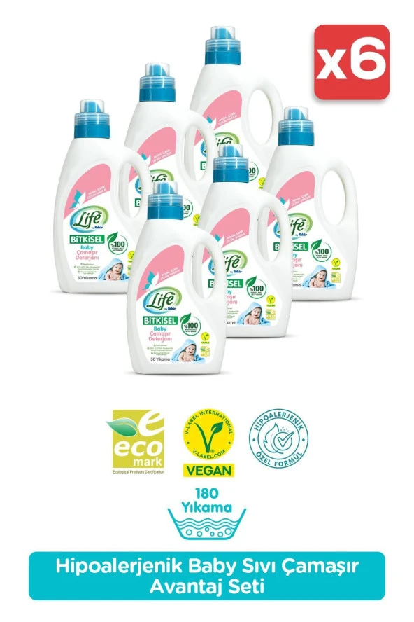 LİFE BY FAKİR Life By %100 Bitkisel Bazlı Vegan Sıvı Bebek Çamaşır Deterjanı 1500Ml X 6 Adet Avantaj Seti