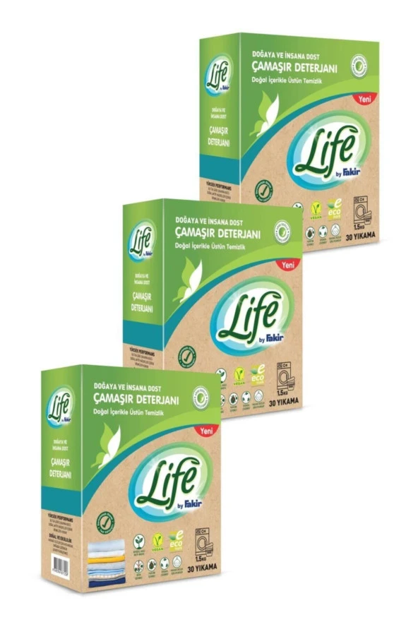 LİFE BY FAKİR Vegan Doğal Çamaşır Deterjanı Renkli Beyaz 1,5 Kg 3 Adet