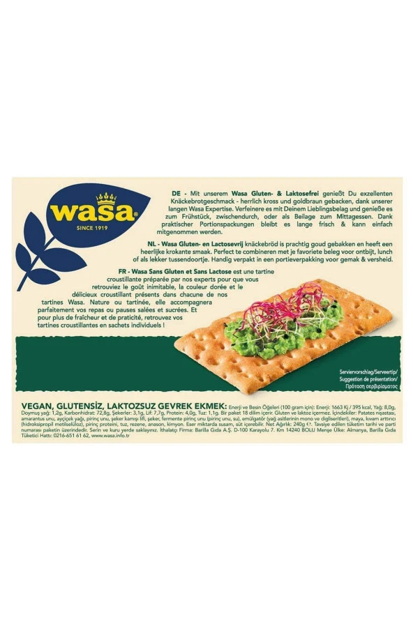 WASA Wasa Glutensiz Gevrek Ekmek Crispbread Gluten Free 240 Gr X 5 Adet - 3