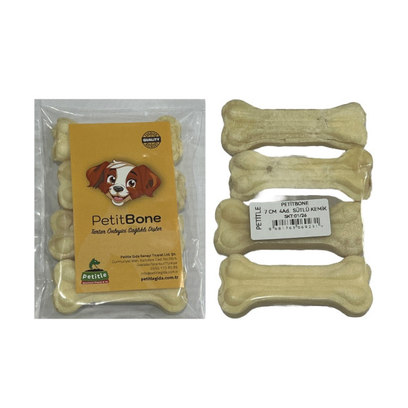 PetitBone Sütlü Sığır Derisi Press Köpek Kemiği 7 CM 4 Adet