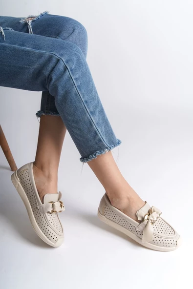 LYDIA Bağcıksız Ortopedik Rahat Taban Kalp Desenli Babet Ayakkabı KT Krem - 3