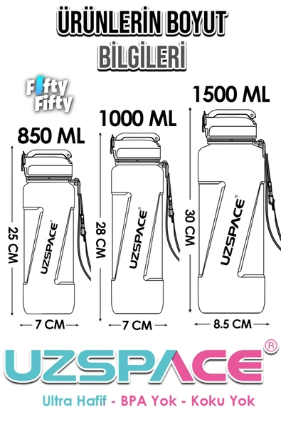 Uzspace FiftyFifty PİPETLİ 1000ml -Büyük Boy- Tritan Su Matarası - 8