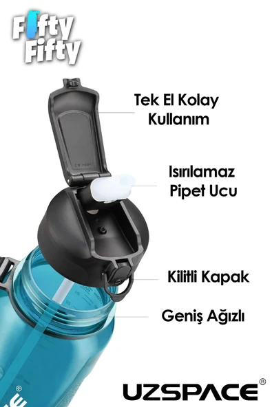 Uzspace FiftyFifty PİPETLİ 1000ml -Büyük Boy- Tritan Su Matarası - 5