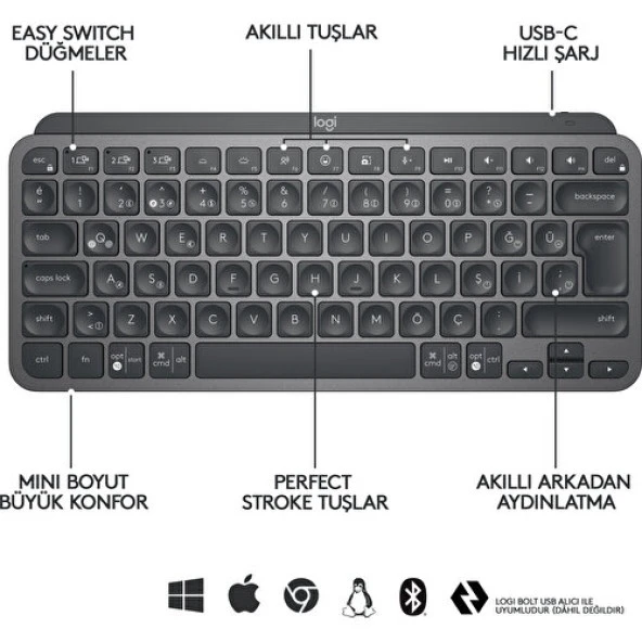 Logitech MX Keys Mini Minimalist Kablosuz Bluetooth Aydınlatmalı Türkçe Q Klavye - Siyah - Resim 5
